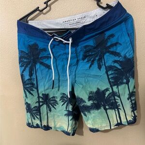 American Eagle Outfitters Men's Blue Palm Tree Swim Shorts